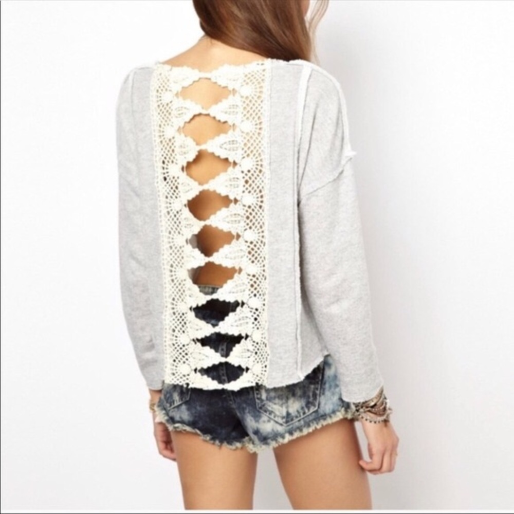 Free People Frayed Sweatshirt with Crochet Back